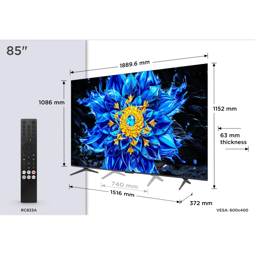 TCL 85P8L 85 pouces 4K Mini LED Google TV noir, vue de face: écran fleur bleue, logos QD-Mini LED, 144Hz et Dolby Vision - Ítem2