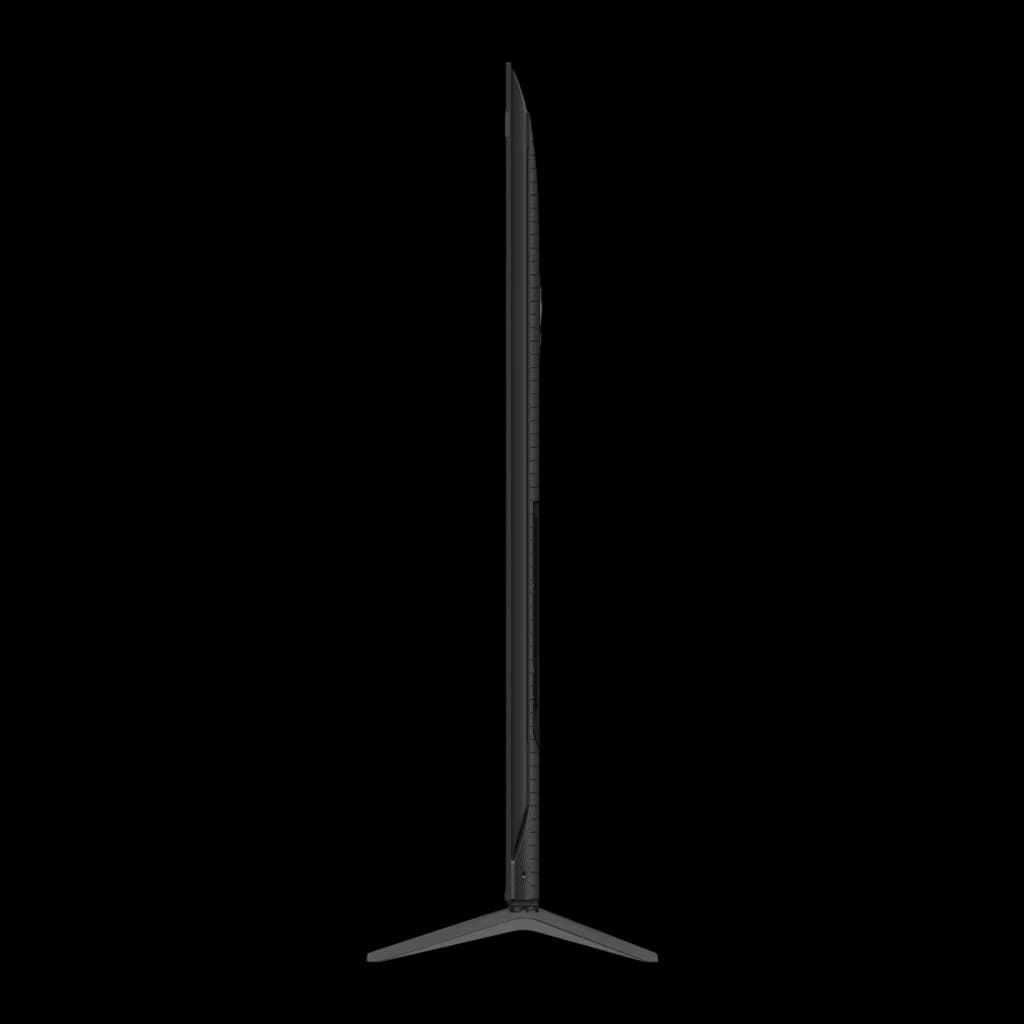TCL 85P8L 85 polegadas preto, vista lateral: perfil ultrafino do painel e base em V
