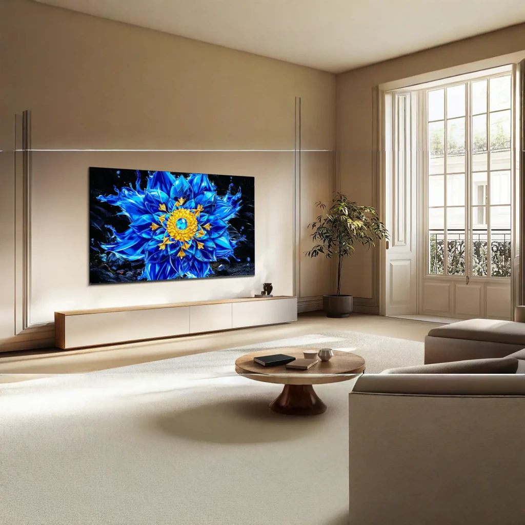 TCL 85P8L 85 pouces 4K Mini LED Google TV noir, vue de face: écran fleur bleue, logos QD-Mini LED, 144Hz et Dolby Vision - Ítem3