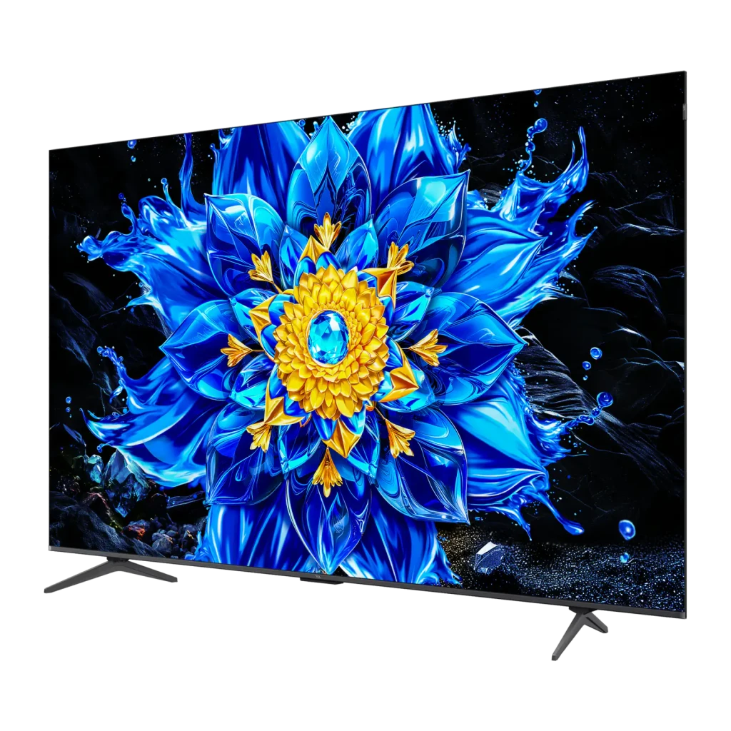 TCL 85P8L 85 pouces 4K Mini LED Google TV noir, vue de face: écran fleur bleue, logos QD-Mini LED, 144Hz et Dolby Vision - Ítem6