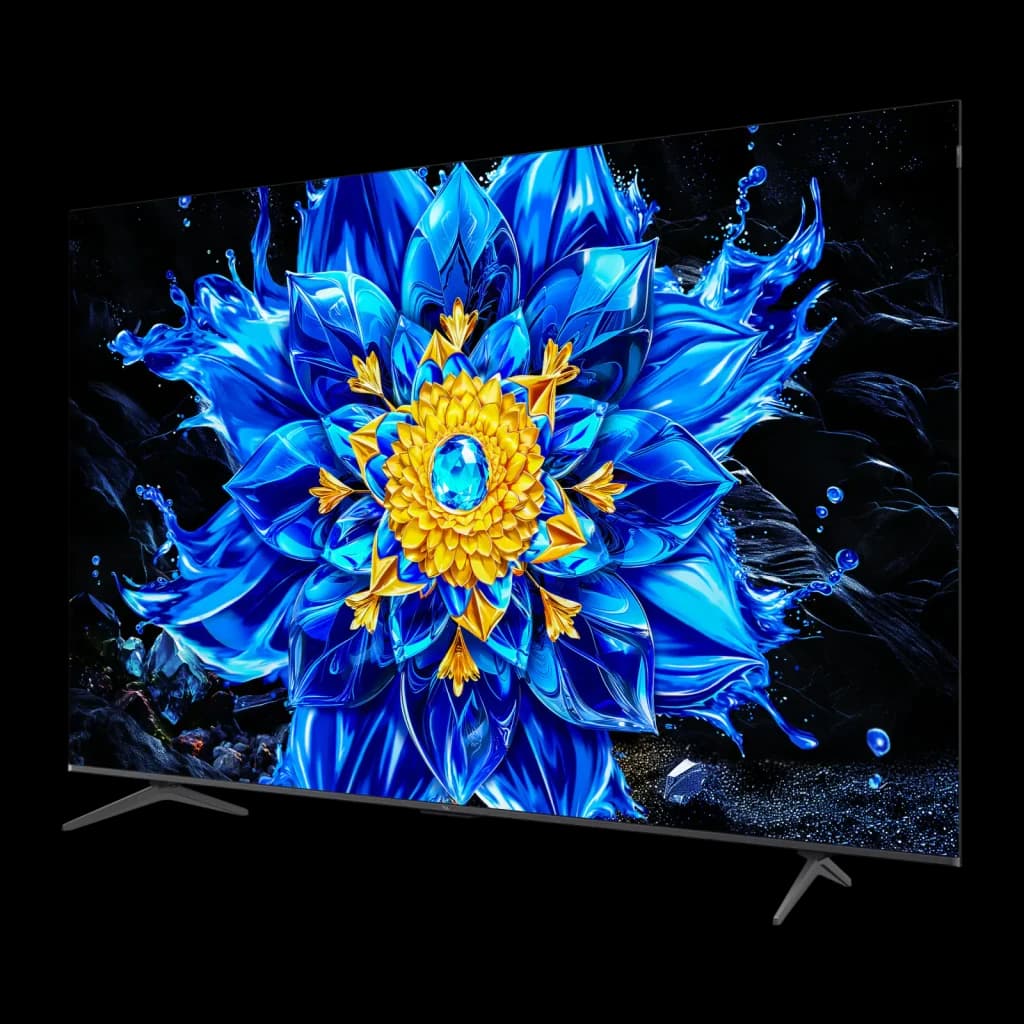 TCL 85P8L 85 polegadas 4K Mini LED preto, vista lateral: ecrã com flor azul e dourada vibrante, moldura fina e pés