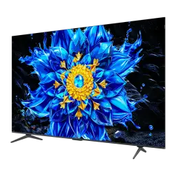 TCL 85P8L 85 polegadas 4K Mini LED preto, vista lateral: ecrã com flor azul e dourada vibrante, moldura fina e pés