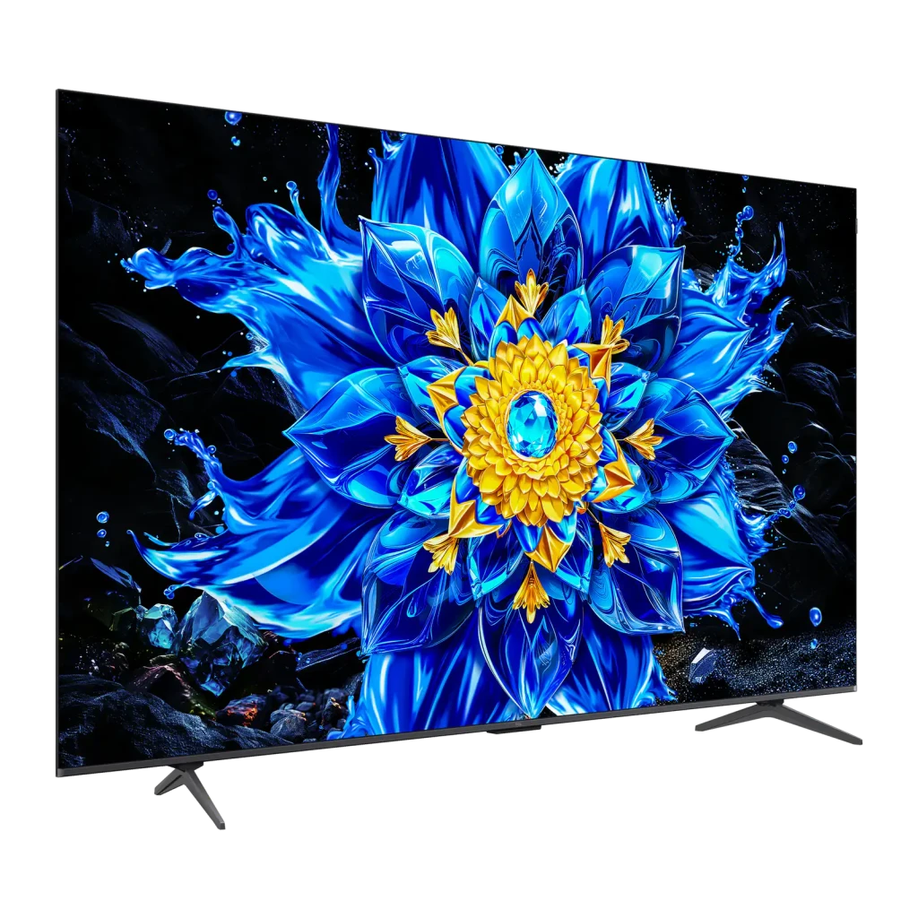 TCL 85P8L 85 pouces 4K Mini LED Google TV noir, vue de face: écran fleur bleue, logos QD-Mini LED, 144Hz et Dolby Vision - Ítem7