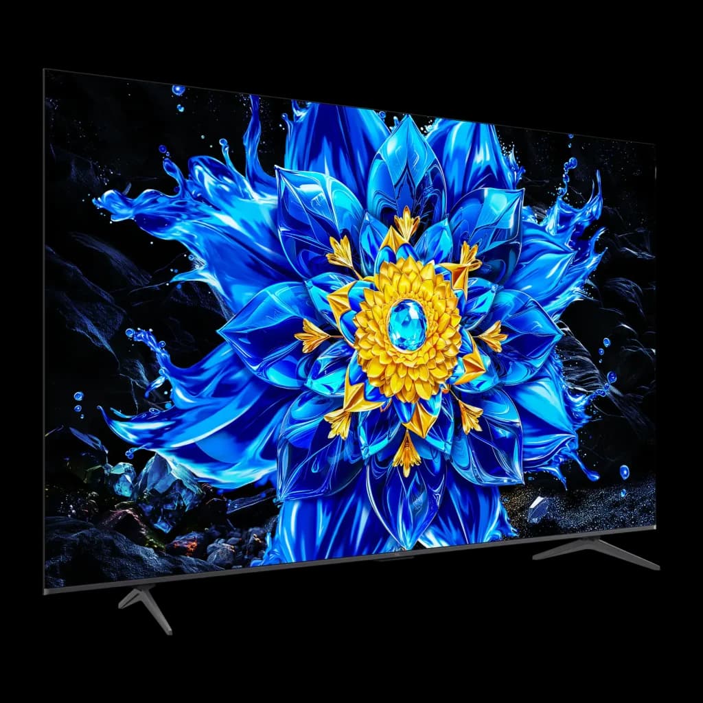 TCL 85P8L 85 polegadas 4K Mini LED preto, vista lateral: ecrã com flor azul e dourada vibrante, moldura fina e pés