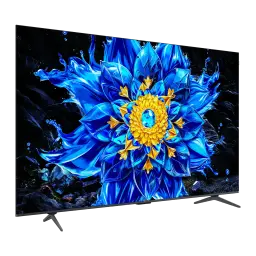 TCL 85P8L 85 polegadas 4K Mini LED preto, vista lateral: ecrã com flor azul e dourada vibrante, moldura fina e pés