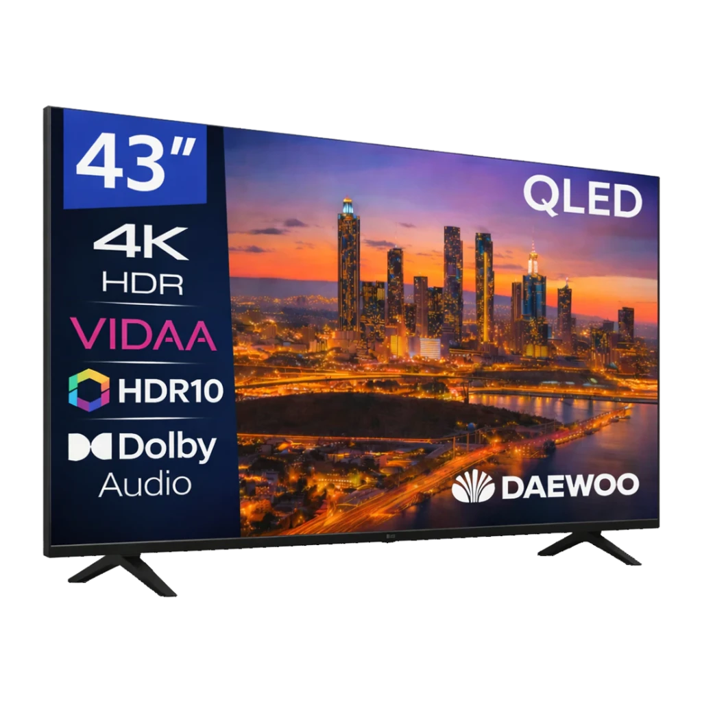 Daewoo 43VB56QV 43 polegadas QLED preto, vista frontal em ângulo: ecrã com logos 4K HDR, VIDAA, HDR10, Dolby Audio e pé preto