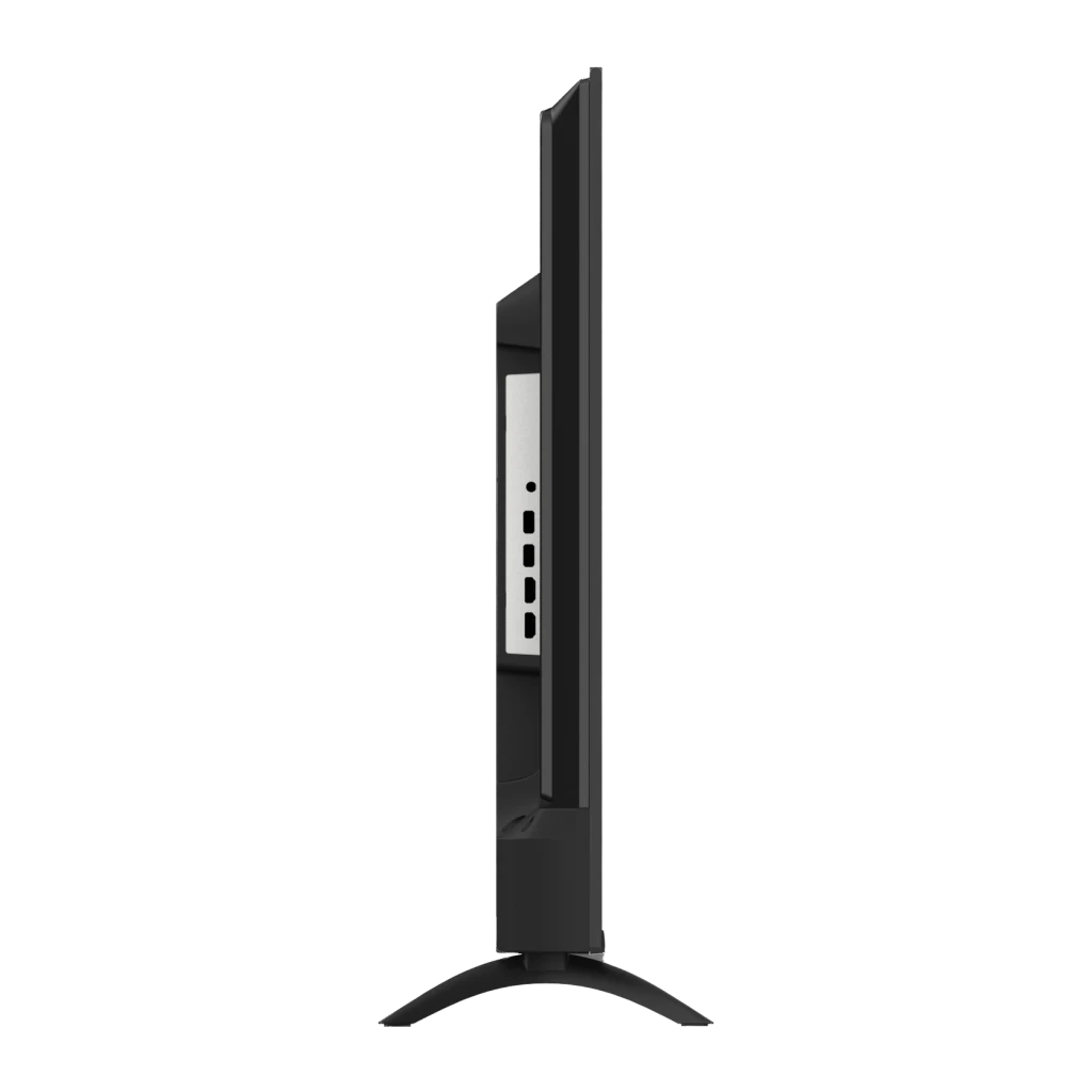 Daewoo 43VB56QV 43" 4K QLED Smart TV preto, vista lateral: perfil fino, portas traseiras e base
