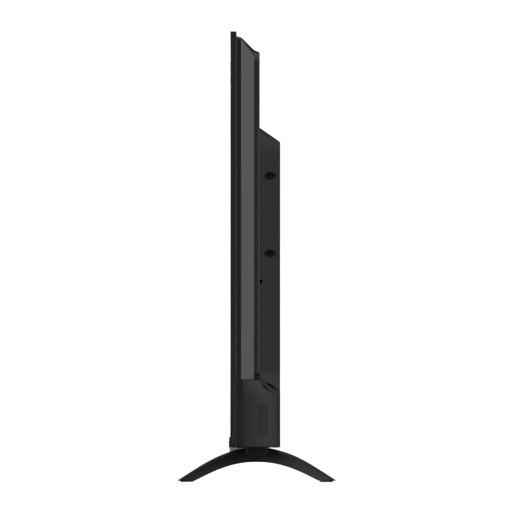 Daewoo Televisor 43VB56QV 43" 4K QLED preto, vista lateral: perfil fino, portas traseiras e base central