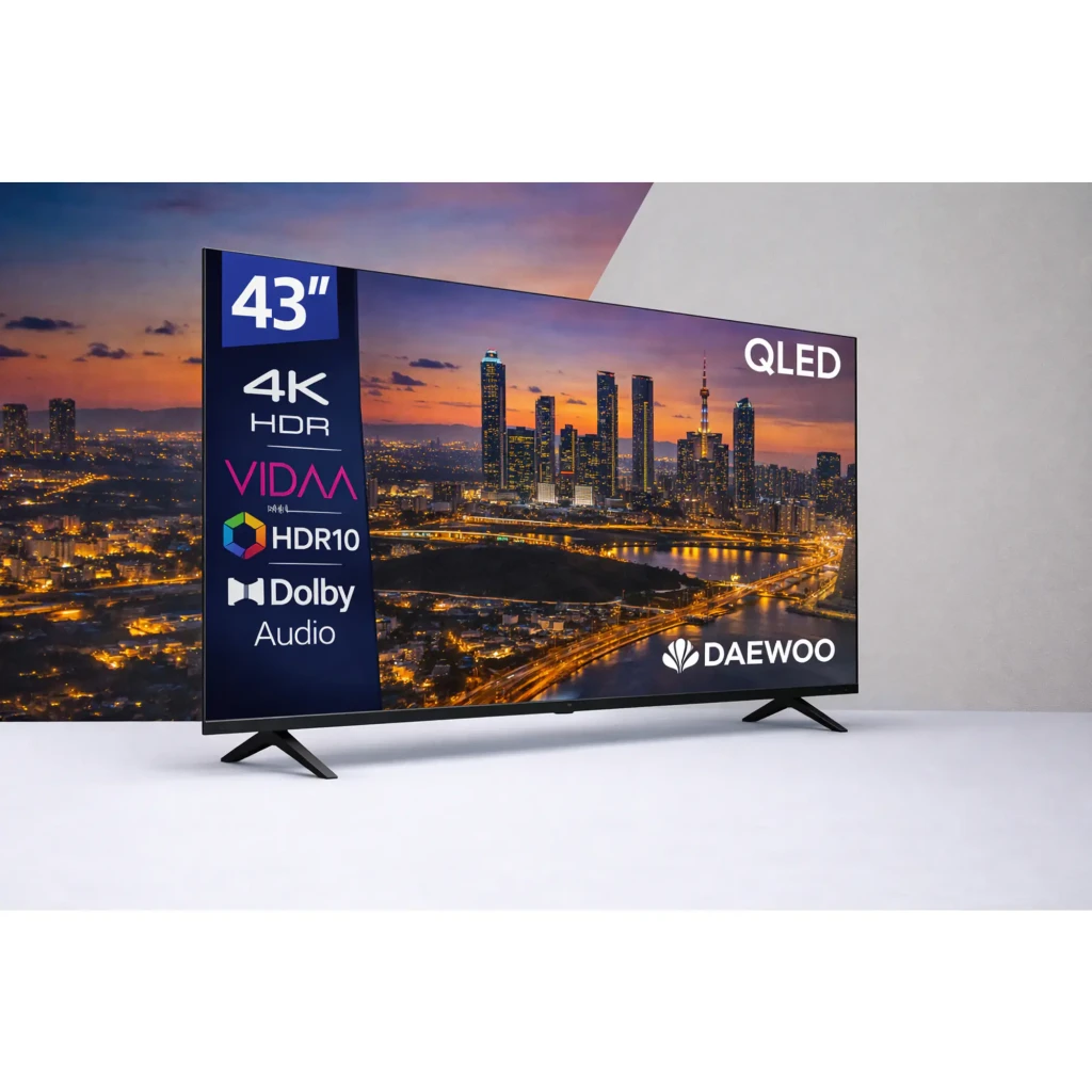 Daewoo 43VB56QV 43 polegadas QLED preto, vista lateral: ecrã com logos 4K HDR, VIDAA, Dolby Audio e cidade ao pôr do sol
