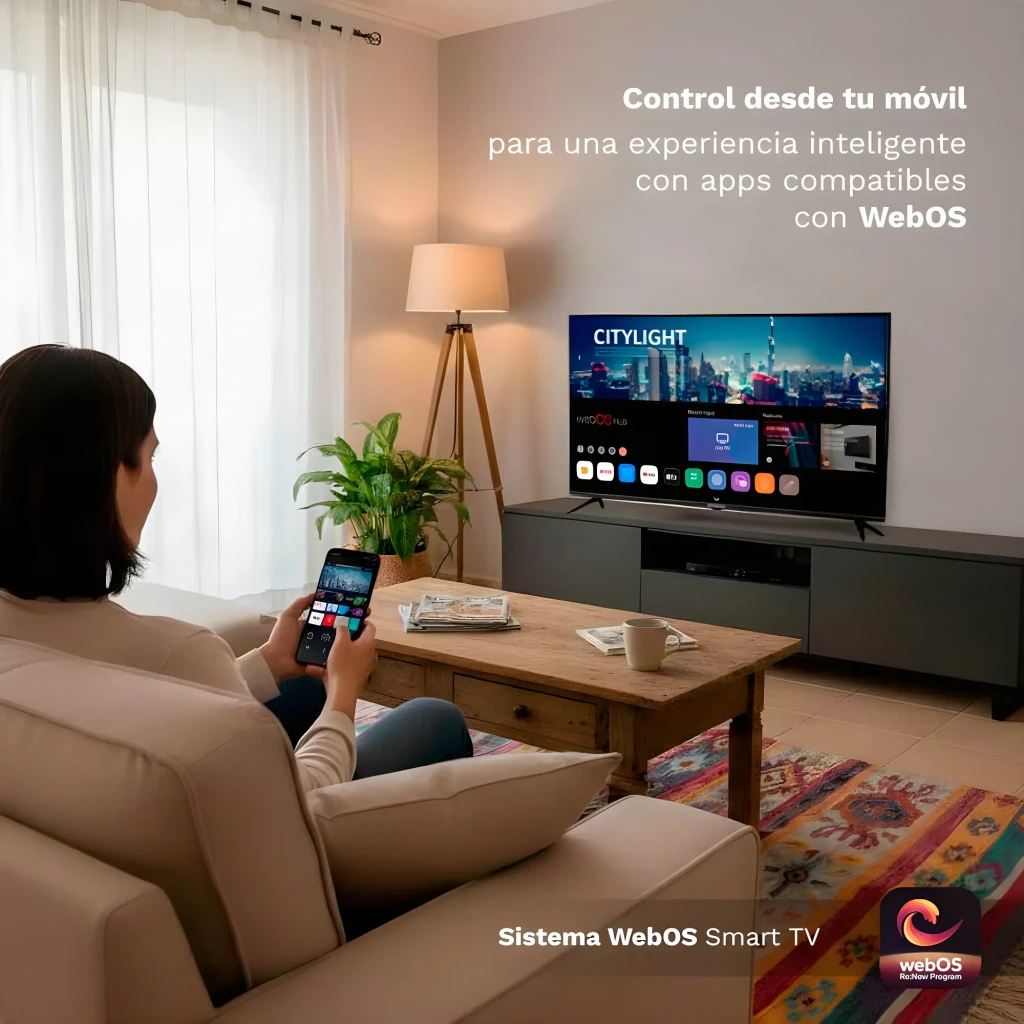 Daewoo Televisor 43VB56QV 43 polegadas 4K QLED preto, lifestyle: mulher controla Smart TV com telemóvel via WebOS na sala