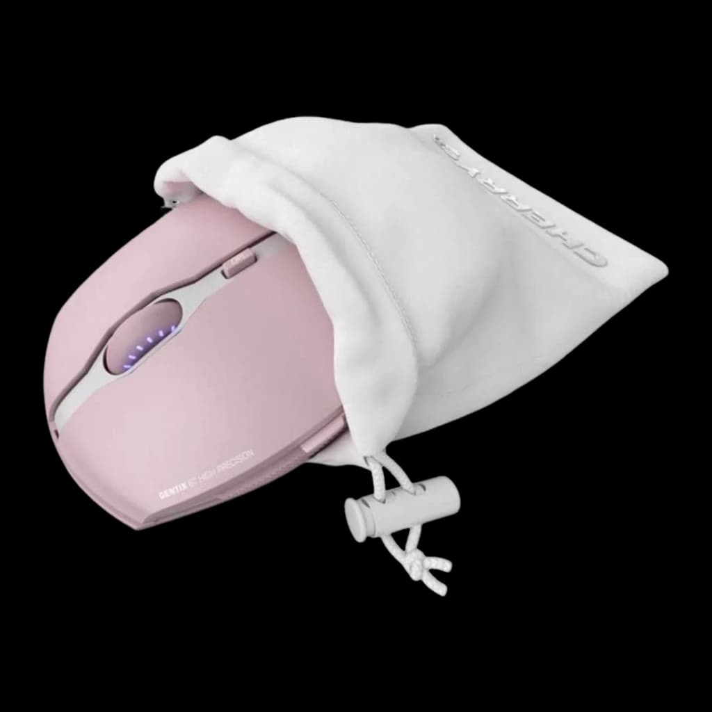 Cherry Gentix BT Blossom rosa, con bolsa: ratón semisaliendo de funda blanca Cherry con cordón