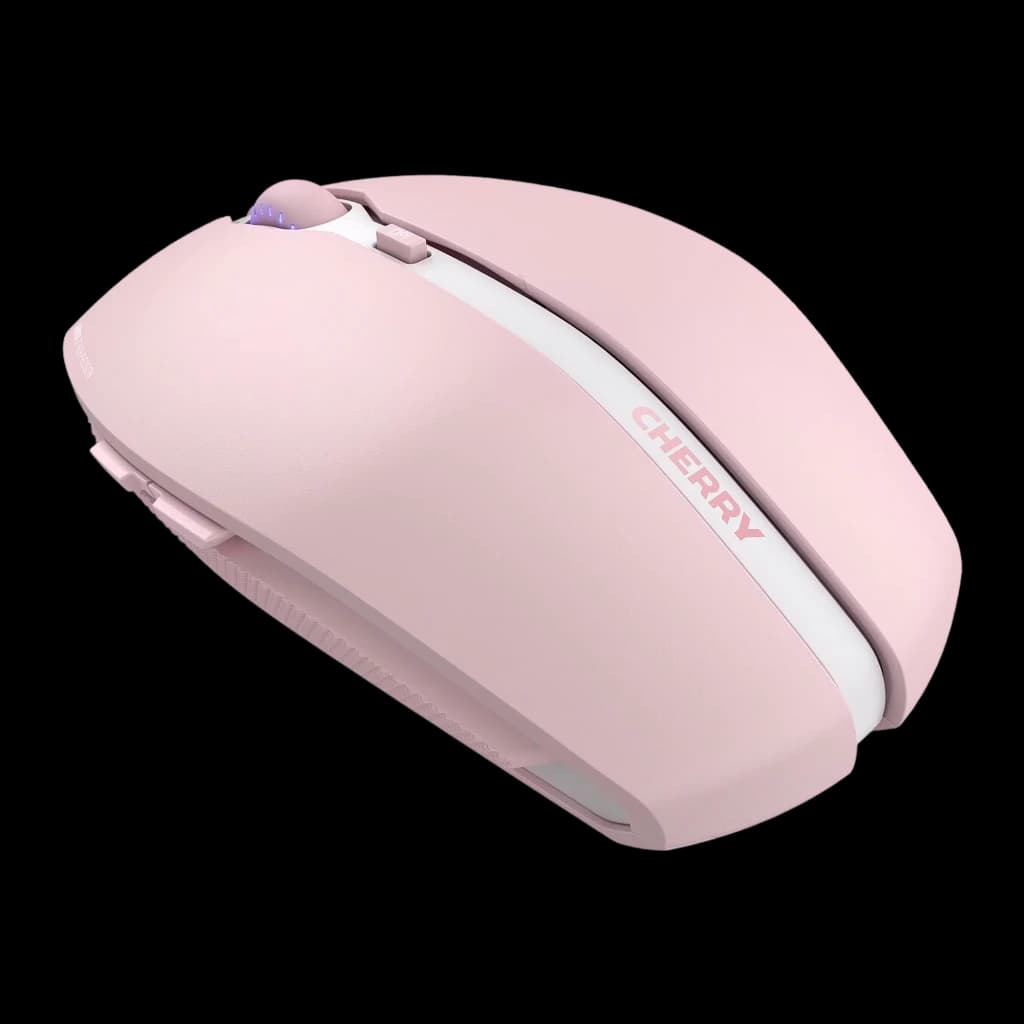 Cherry Gentix BT Blossom rosa, vista lateral derecha: logo CHERRY en franja blanca y rueda iluminada