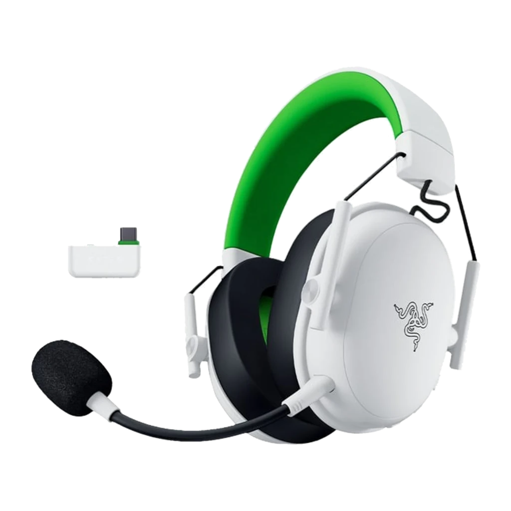 Razer BlackShark V3 X HyperSpeed Blanc, vue de face: arceau vert, coussinets noirs et microphone flexible - Ítem2