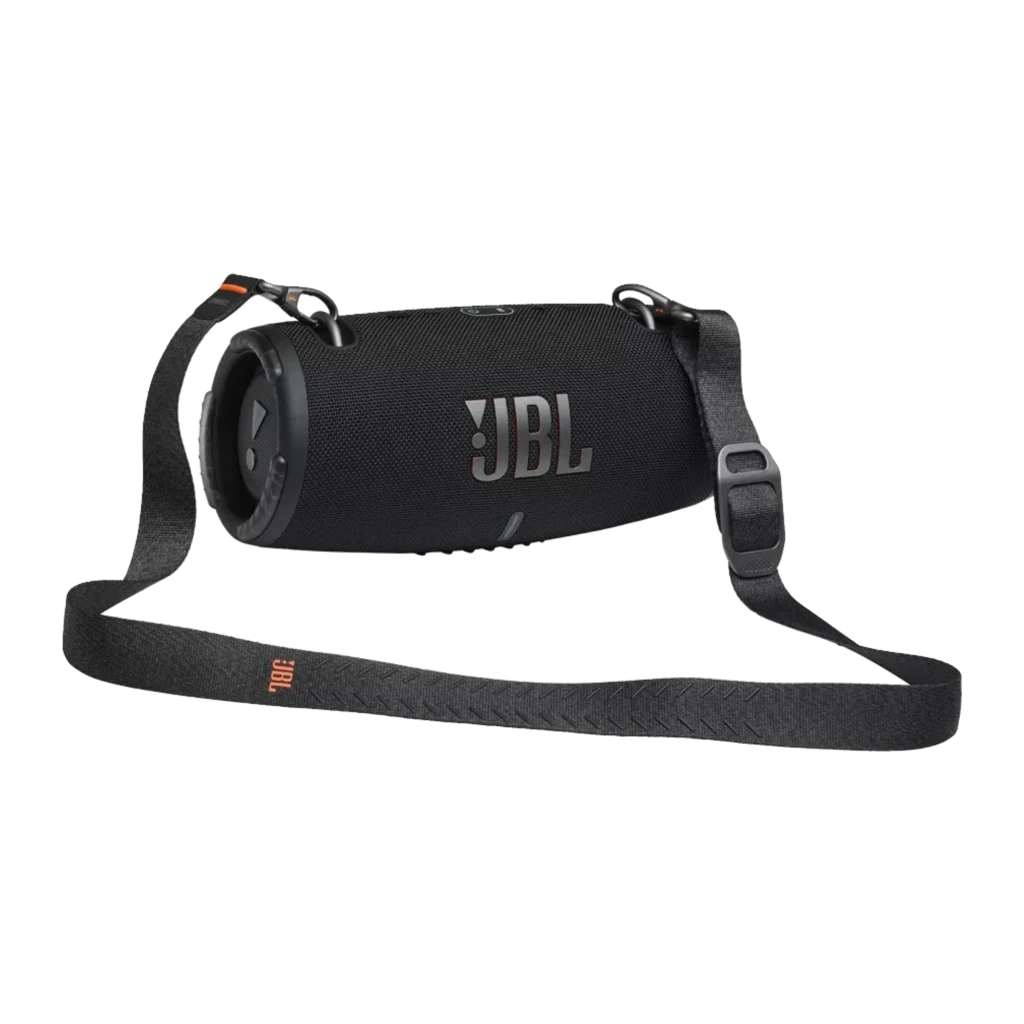 JBL Altavoz Bluetooth Xtreme 3 negro, vista frontal en ángulo: rejilla textil, logo JBL y pasadores metálicos laterales - Ítem3