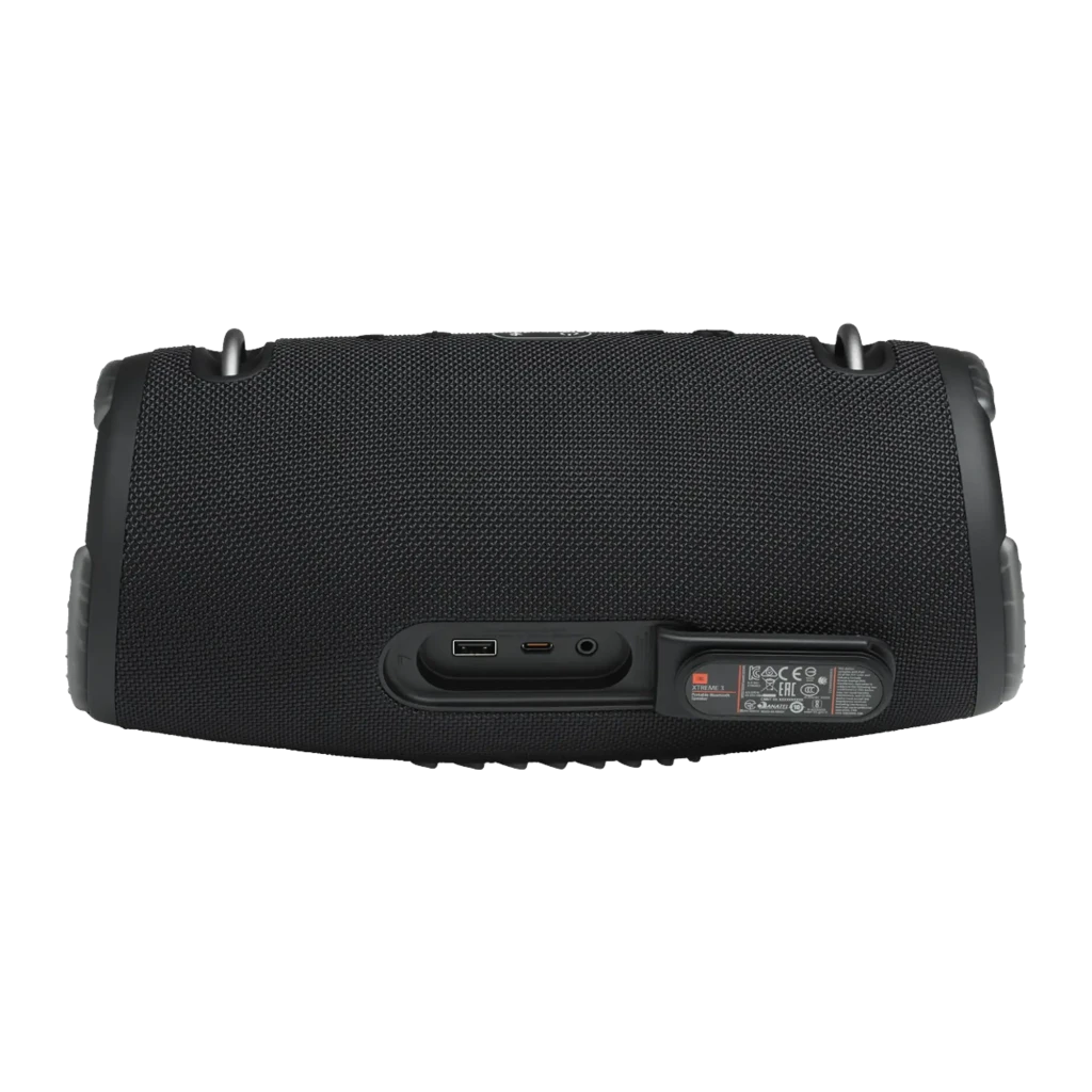 JBL Altavoz Bluetooth Xtreme 3 negro, vista frontal en ángulo: rejilla textil, logo JBL y pasadores metálicos laterales - Ítem1
