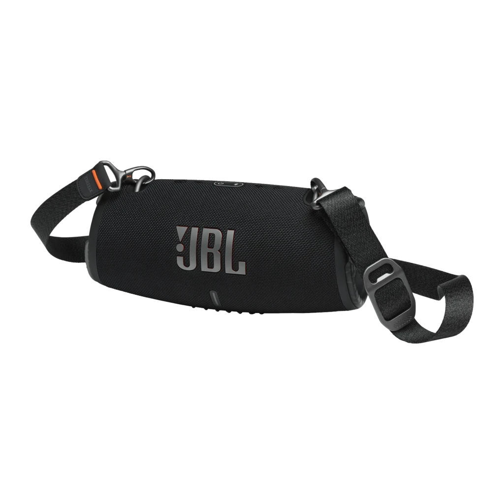 JBL Altavoz Bluetooth Xtreme 3 negro, vista frontal en ángulo: rejilla textil, logo JBL y pasadores metálicos laterales - Ítem2