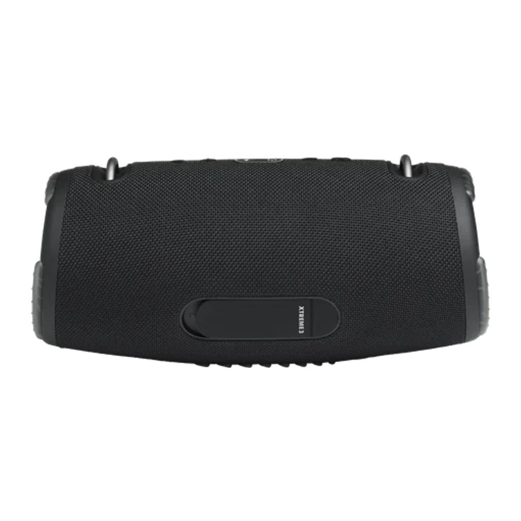 JBL Altavoz Bluetooth Xtreme 3 negro, vista frontal en ángulo: rejilla textil, logo JBL y pasadores metálicos laterales - Ítem4