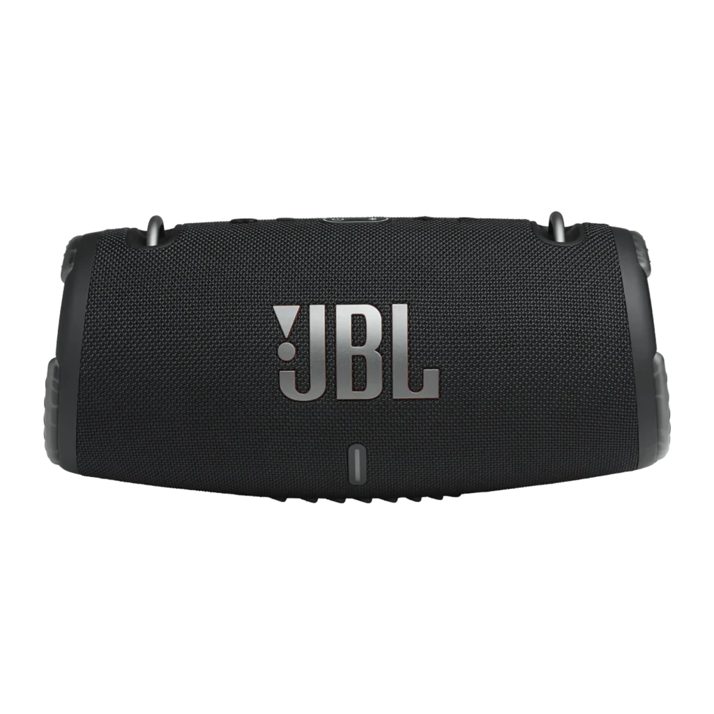 JBL Altavoz Bluetooth Xtreme 3 negro, vista frontal en ángulo: rejilla textil, logo JBL y pasadores metálicos laterales - Ítem6