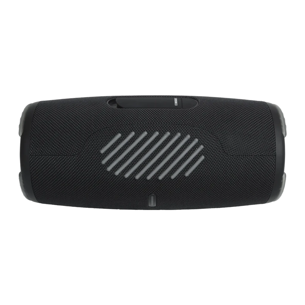 JBL Altavoz Bluetooth Xtreme 3 negro, vista frontal en ángulo: rejilla textil, logo JBL y pasadores metálicos laterales - Ítem7