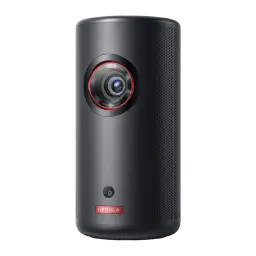 Anker Nebula Capsule 3 Laser 16GB noir, vue avant: objectif à anneau rouge, grille haut-parleur et logo Nebula