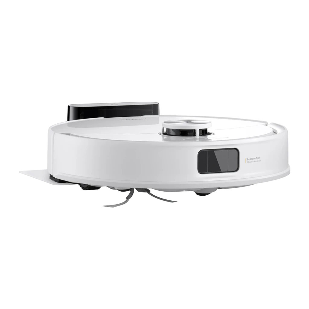 Roborock Q10 VF Blanco, vista lateral izquierda: sensor LiDAR central, depósito negro trasero y cepillo lateral - Ítem1
