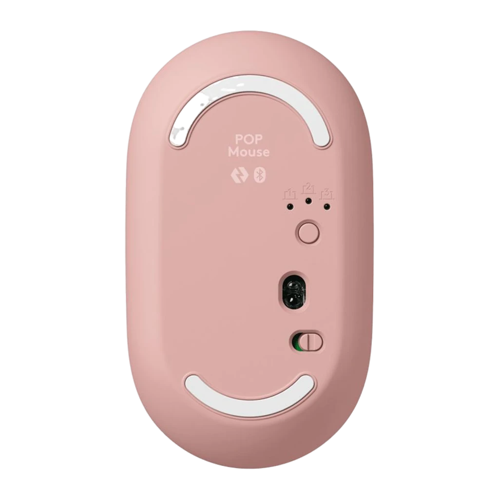 Logitech Rato POP Mouse Rosa, vista lateral: perfil compacto com roda de scroll e logótipo Logitech visíveis - Item1
