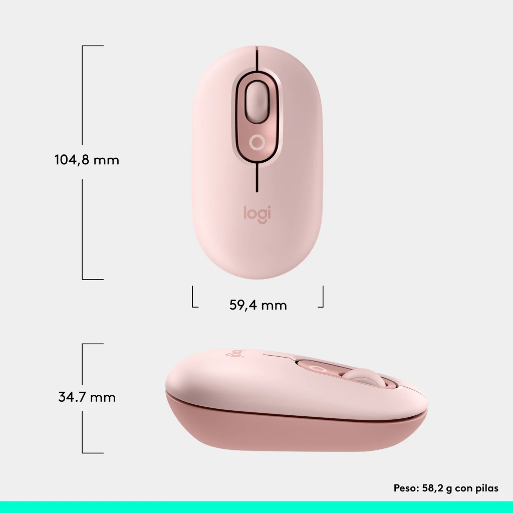 Logitech Rato POP Mouse Rosa, vista lateral: perfil compacto com roda de scroll e logótipo Logitech visíveis - Item2