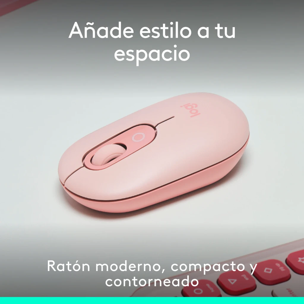 Logitech Rato POP Mouse Rosa, vista lateral: perfil compacto com roda de scroll e logótipo Logitech visíveis - Item5
