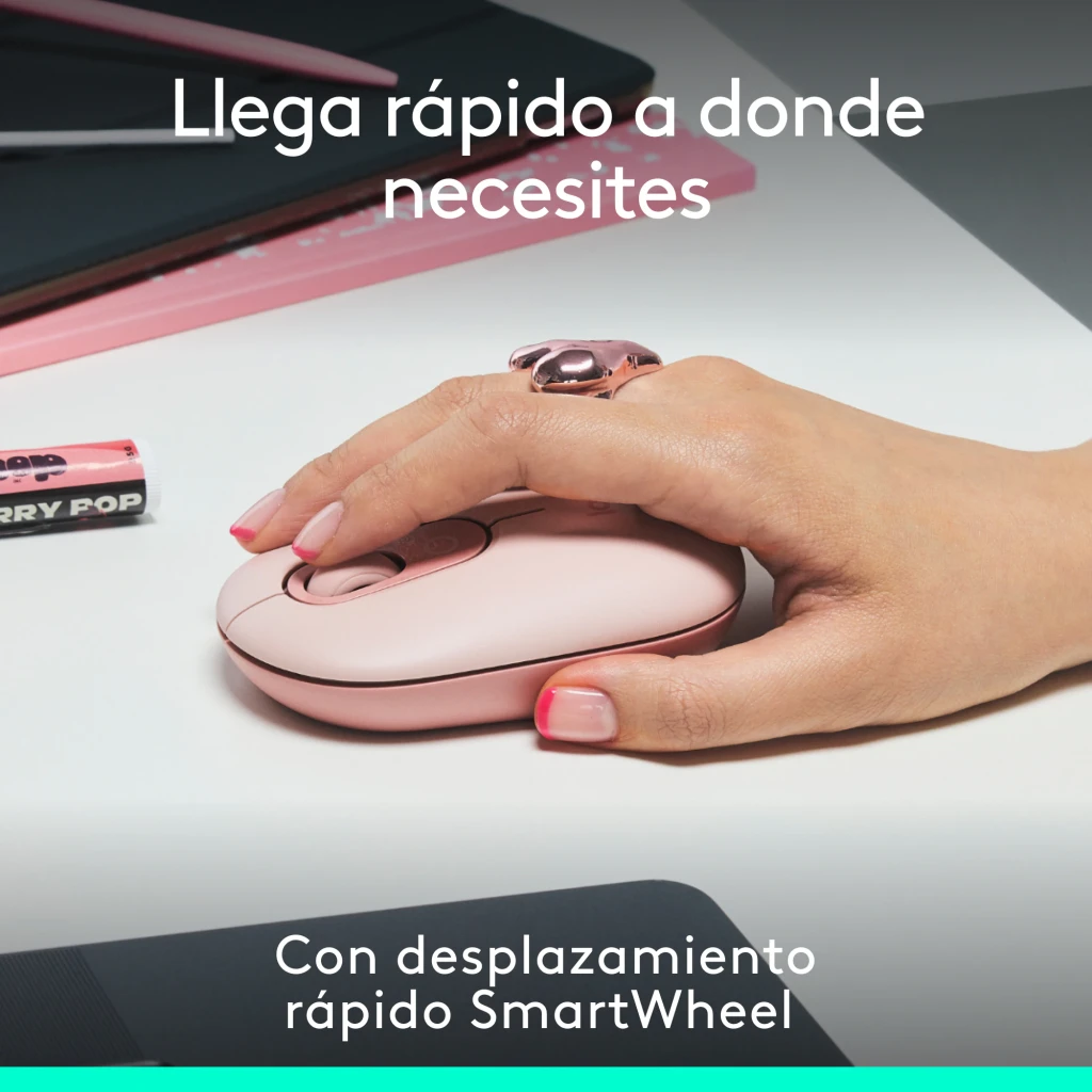 Logitech Rato POP Mouse Rosa, vista lateral: perfil compacto com roda de scroll e logótipo Logitech visíveis - Item6
