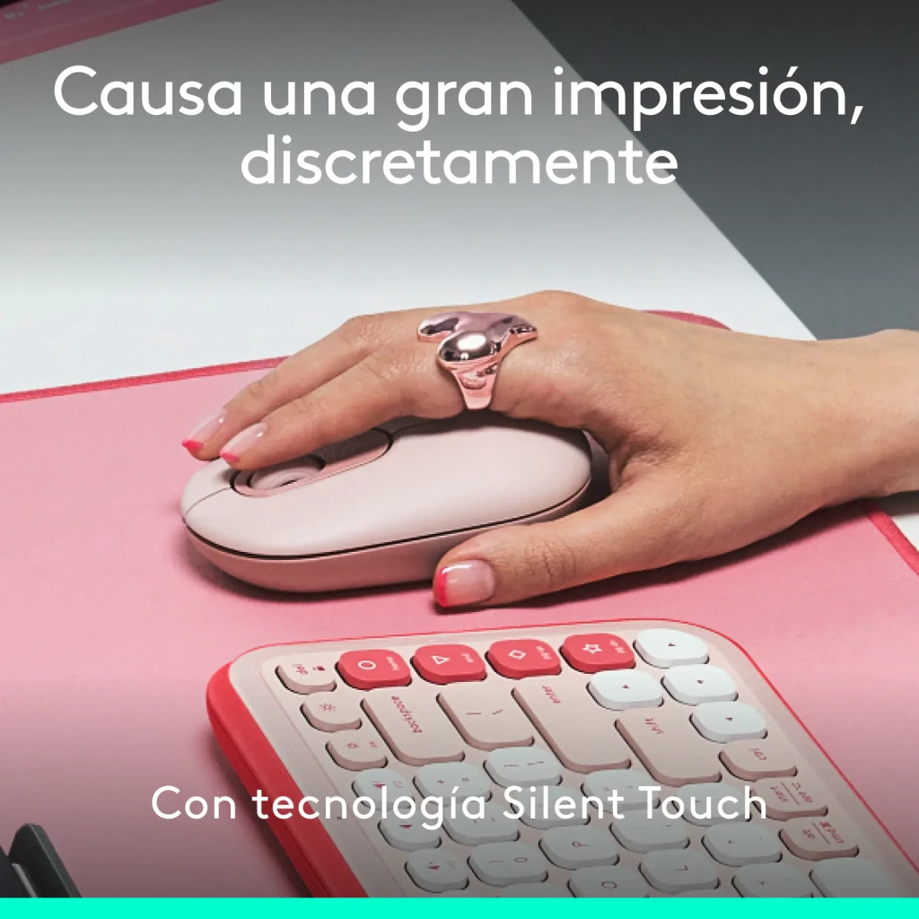 Logitech Rato POP Mouse Rosa, vista lateral: perfil compacto com roda de scroll e logótipo Logitech visíveis - Item8