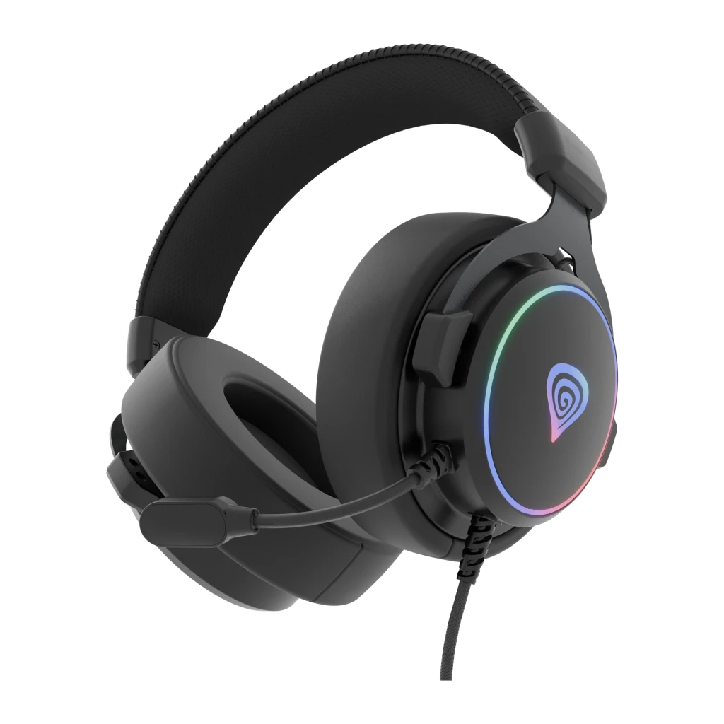 Genesis Casque Gaming Neon 764 USB Noir, vue de face 3/4: éclairage RGB sur l'oreillette droite, micro flexible et logo - Ítem1