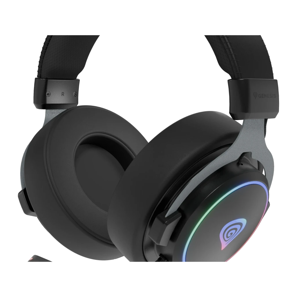 Genesis Casque Gaming Neon 764 USB Noir, vue de face 3/4: éclairage RGB sur l'oreillette droite, micro flexible et logo - Ítem2