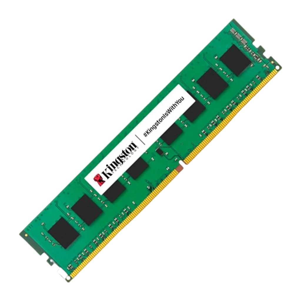 Kingston ValueRAM 16GB noir vert, vue diagonale inclinée: PCB vert avec puces noires, connecteur doré et étiquette Kingston