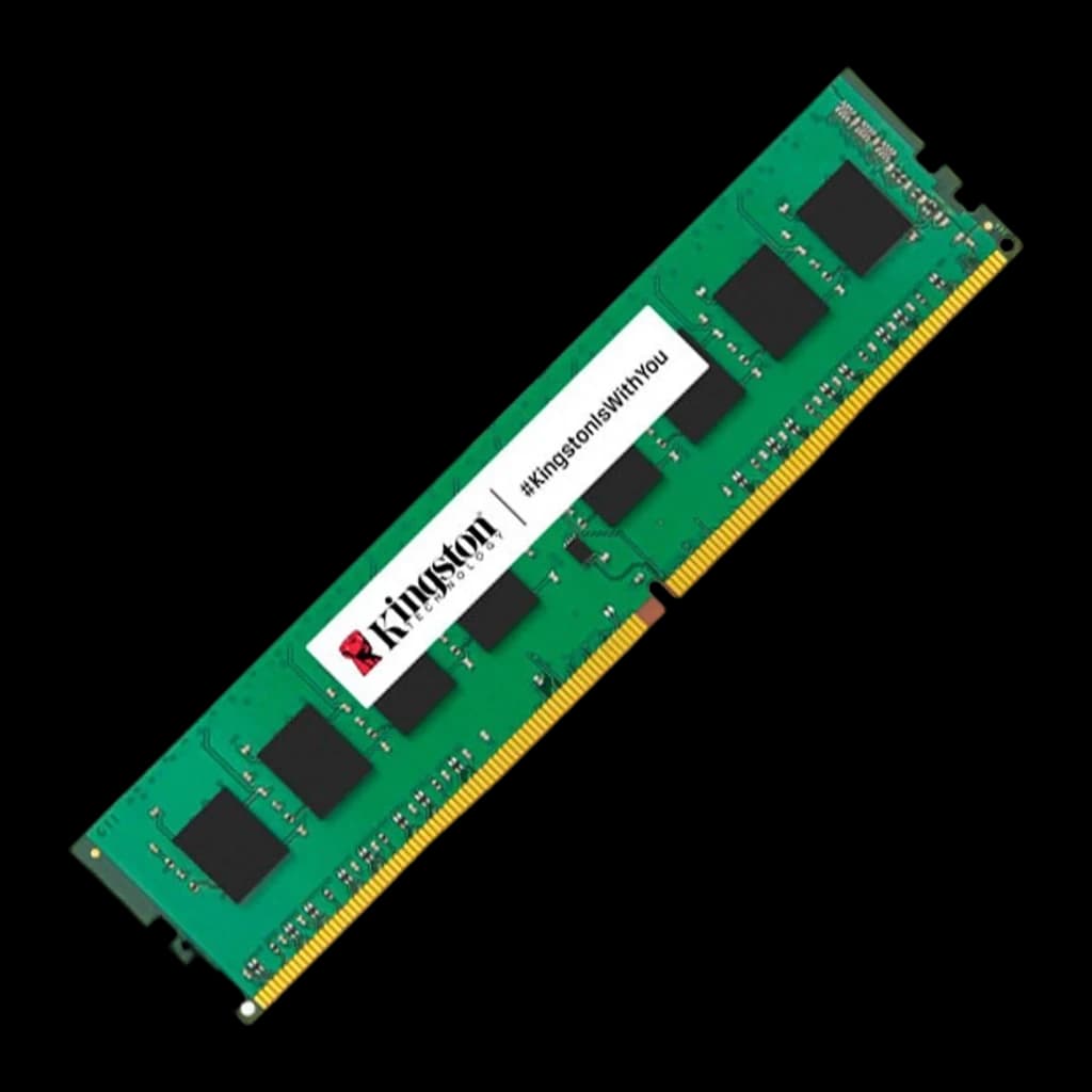 Kingston ValueRAM 16GB noir vert, vue diagonale inclinée: PCB vert avec puces noires, connecteur doré et étiquette Kingston