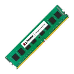 Kingston ValueRAM 16GB noir vert, vue diagonale inclinée: PCB vert avec puces noires, connecteur doré et étiquette Kingston