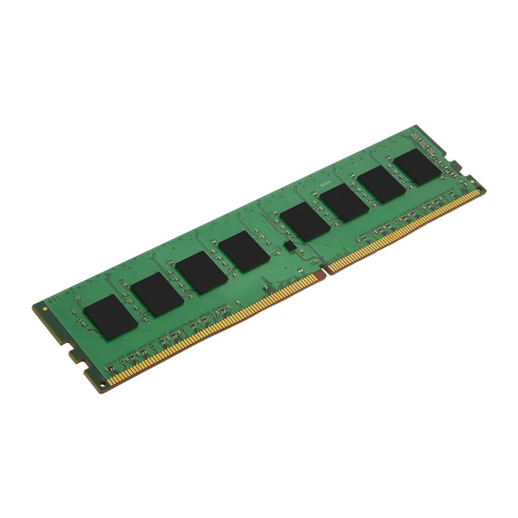 Kingston ValueRAM 16GB noir vert, vue isométrique frontale: PCB vert avec puces noires et connecteur doré, sans étiquette