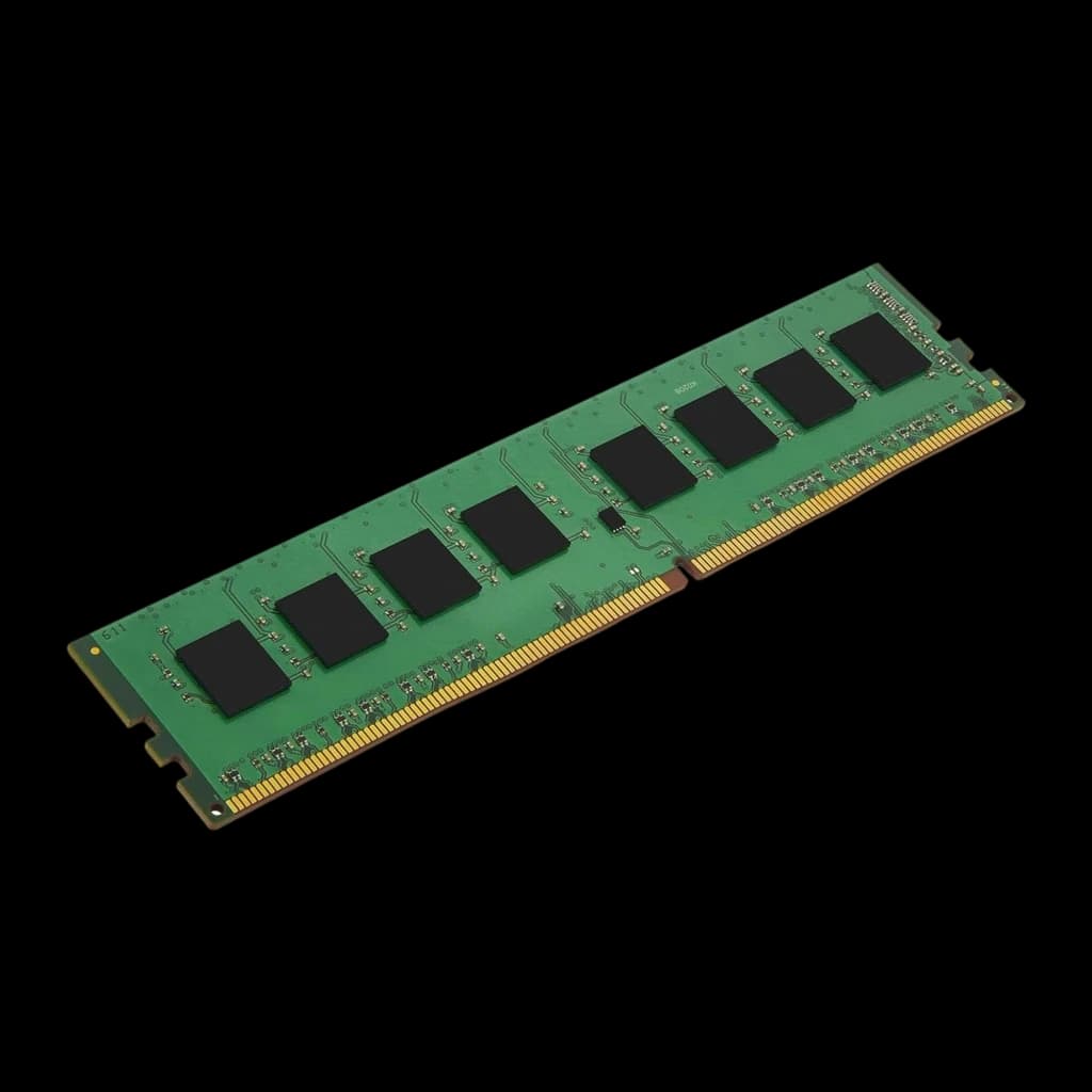 Kingston ValueRAM 16GB noir vert, vue isométrique frontale: PCB vert avec puces noires et connecteur doré, sans étiquette
