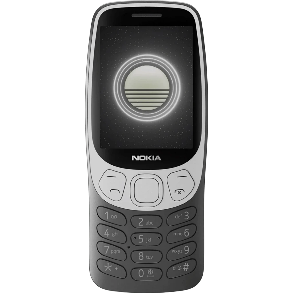 Nokia 3210 2G TA-1618 Preto com corpo curvo, teclado físico grande, tela pequena com ícone central e acabamento bicolor cinza e preto