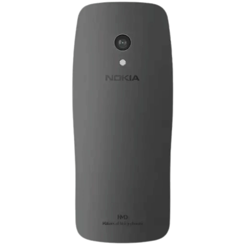 Nokia 3210 2G TA-1618 Preto visto por trás, corpo fosco em preto, câmera única circular com flash, logotipo central Nokia, design curvo ergonômico