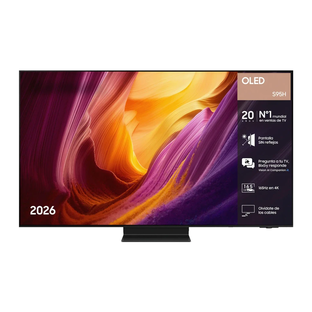 Samsung TQ77S95H 77 polegadas OLED 4K Preto, vista frontal: ecrã com infográfico de características e base central preta
