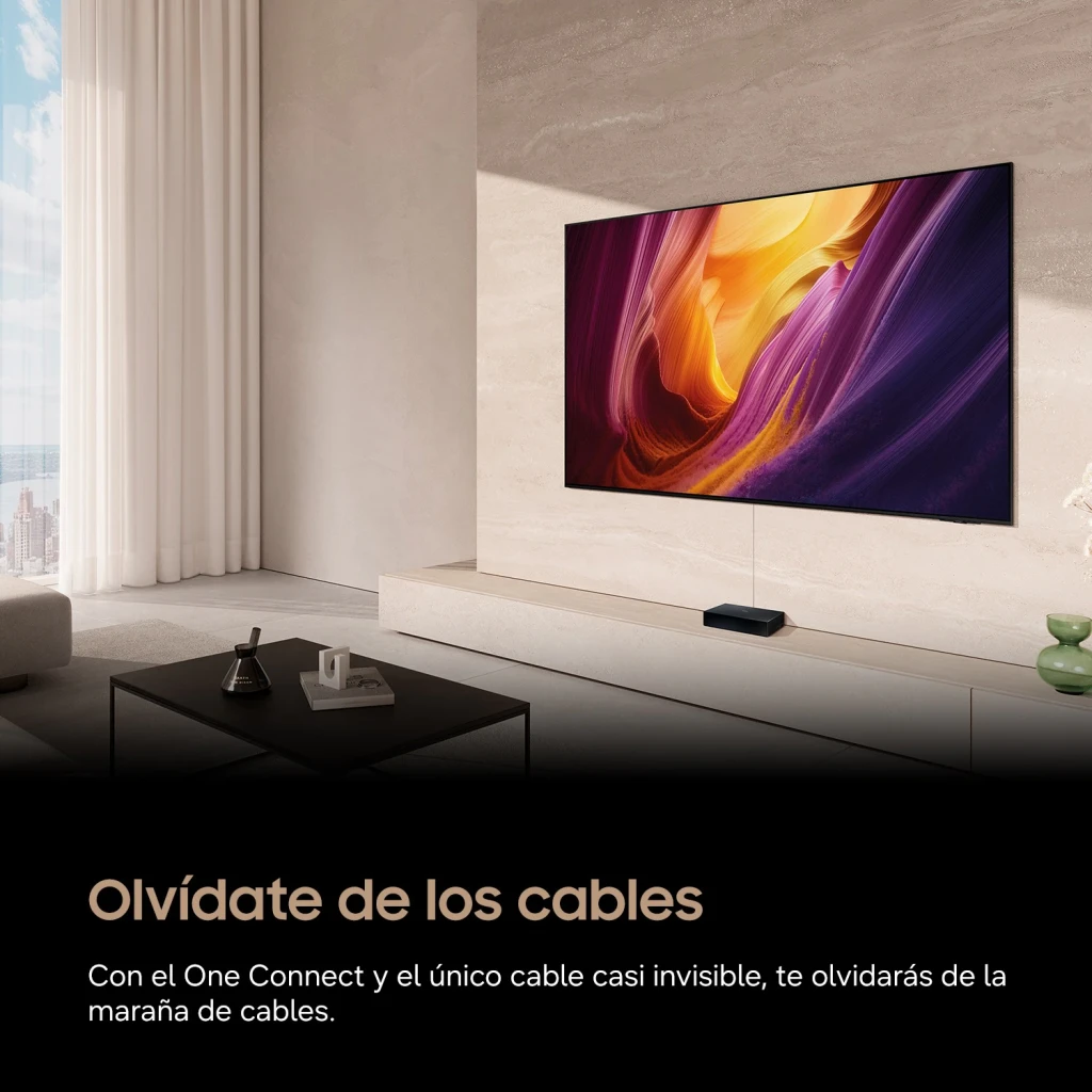Samsung TQ77S95H 77 polegadas OLED 4K Preto, lifestyle: montado em parede de sala com One Connect e cabo invisível