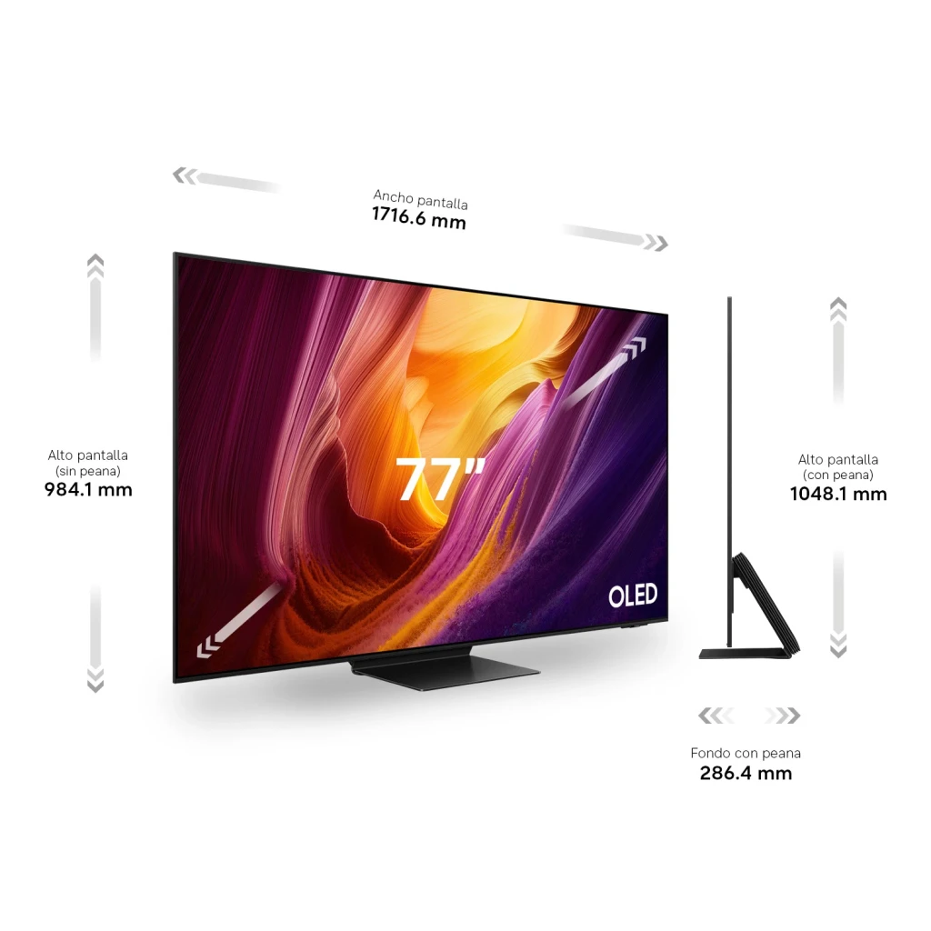 Samsung TQ77S95H 77 polegadas OLED 4K Preto, dimensões: largura 1716,6 mm, altura 984,1 mm sem base e vista lateral