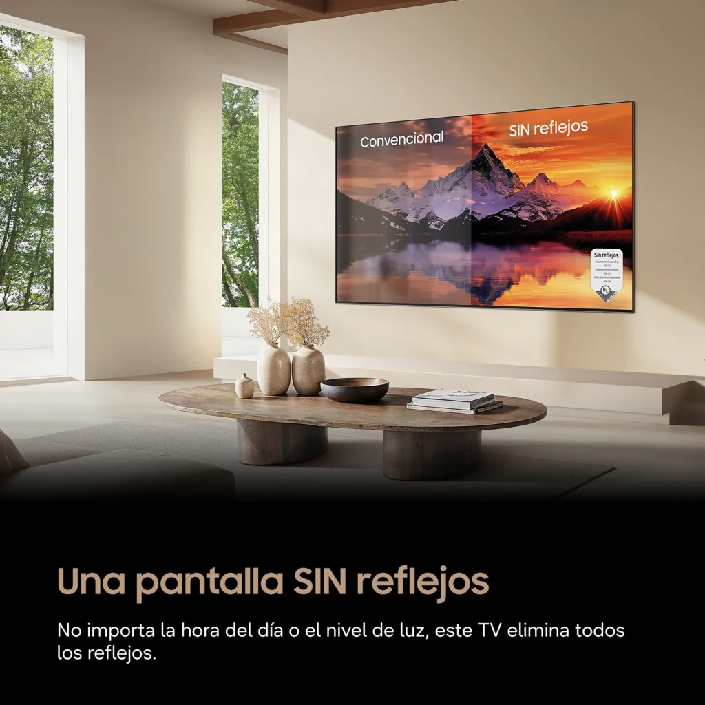 Samsung TQ77S95H 77 polegadas OLED 4K Preto, lifestyle: comparação tela sem reflexos vs convencional em sala iluminada