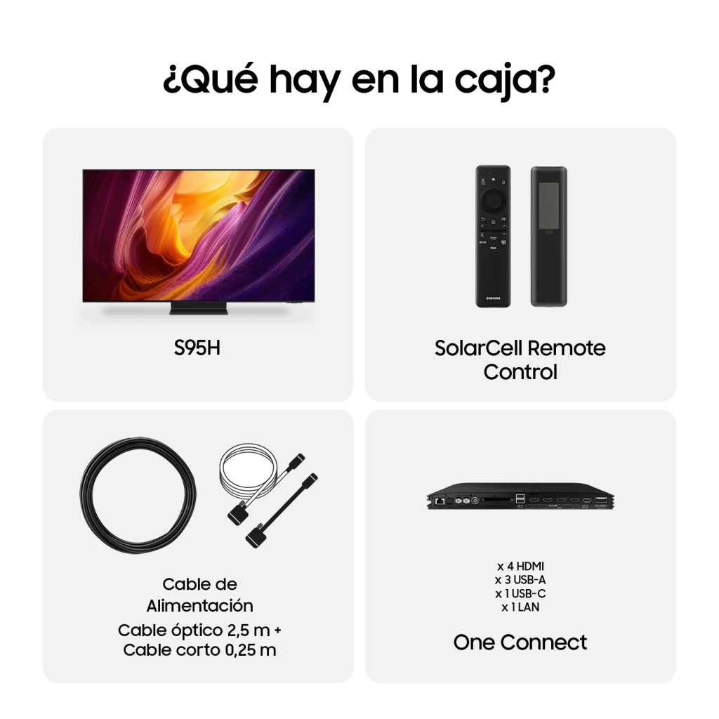 Samsung TQ77S95H 77" OLED 4K Preto, conteúdo da caixa: TV, comando SolarCell, cabos e One Connect