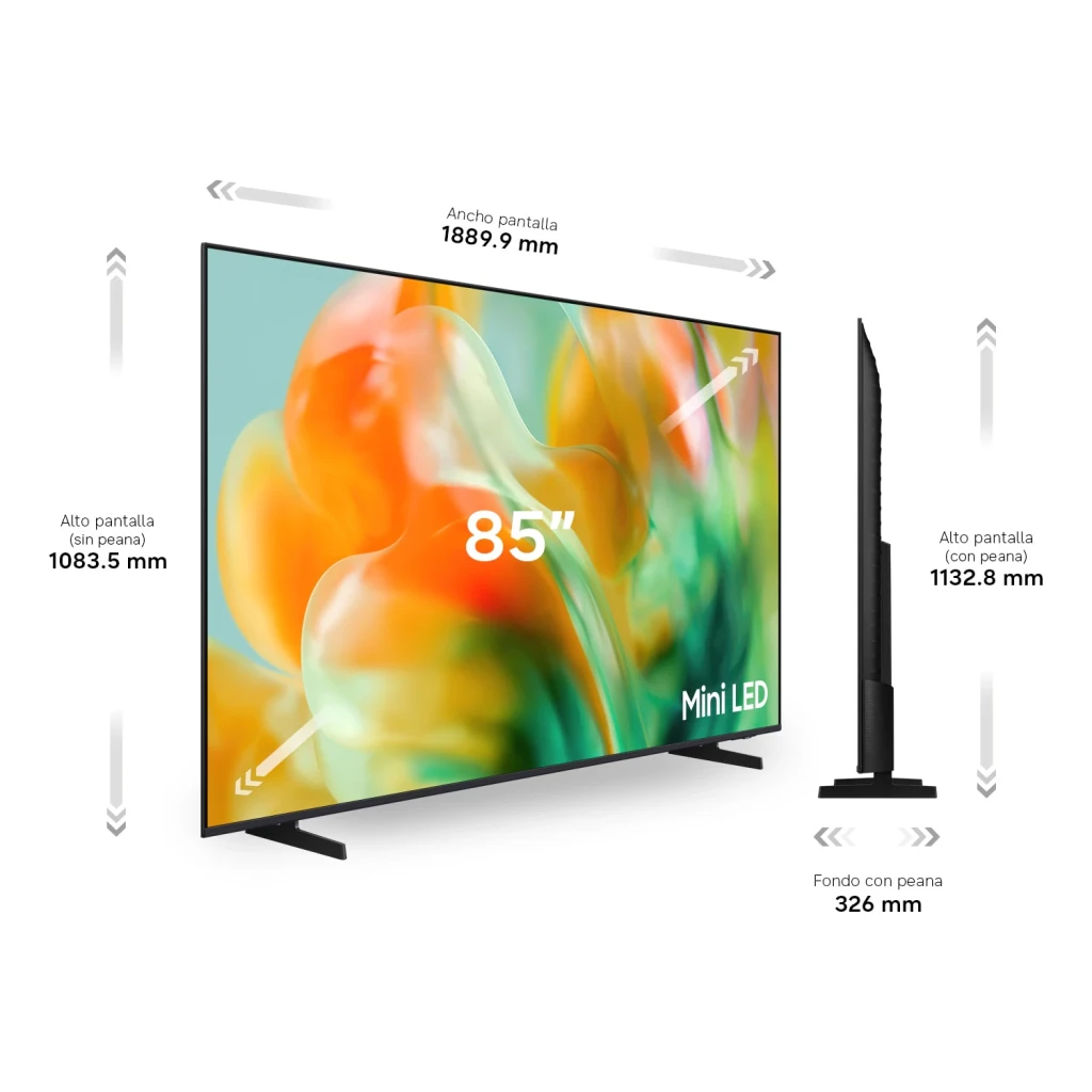 Samsung TU85M80H 85 pouces Mini LED 4K Noir, vue de face: écran affichant infographie de caractéristiques et bordure fine - Ítem8