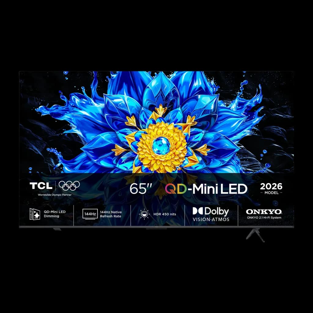 TCL 65P8L 65 polegadas 4K Mini LED preto, vista frontal: ecrã com flor azul e dourada, logos QD-Mini LED 144Hz Dolby