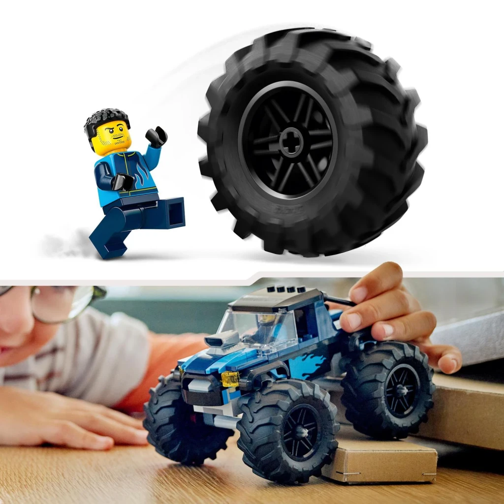 LEGO City 60402 Monster Truck azul, caja frontal: packaging con ilustración del camión azul en pista de tierra con minifigura - Ítem2