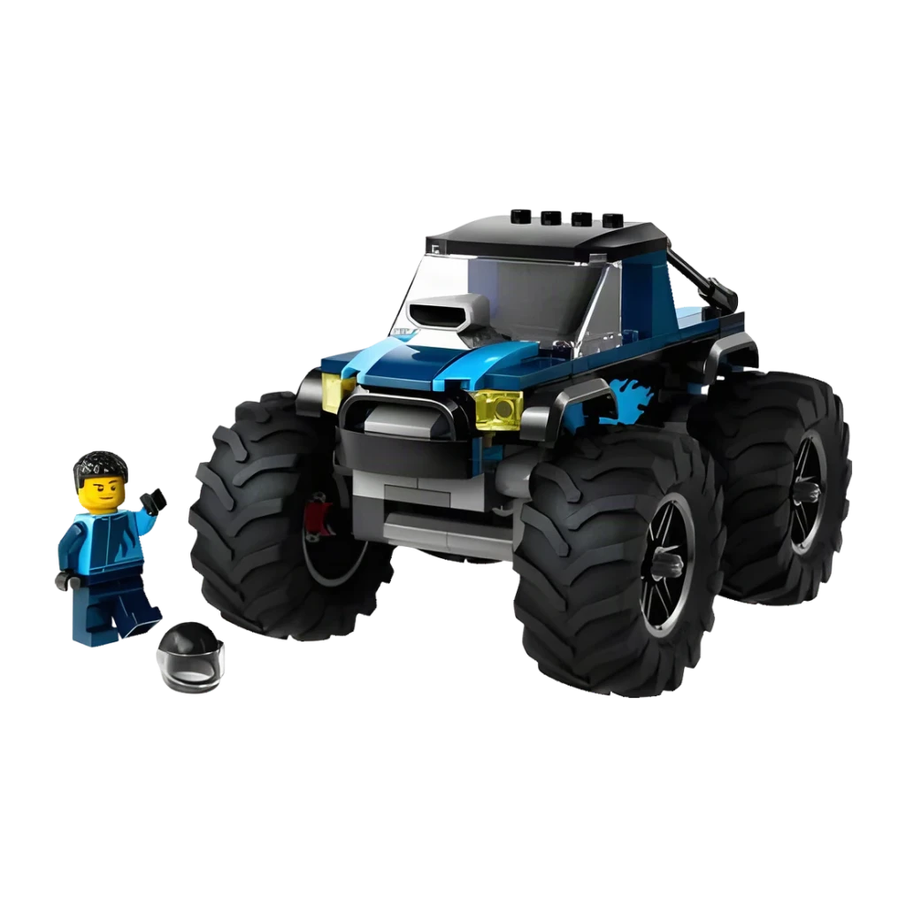 LEGO City 60402 Monster Truck azul, caja frontal: packaging con ilustración del camión azul en pista de tierra con minifigura - Ítem3