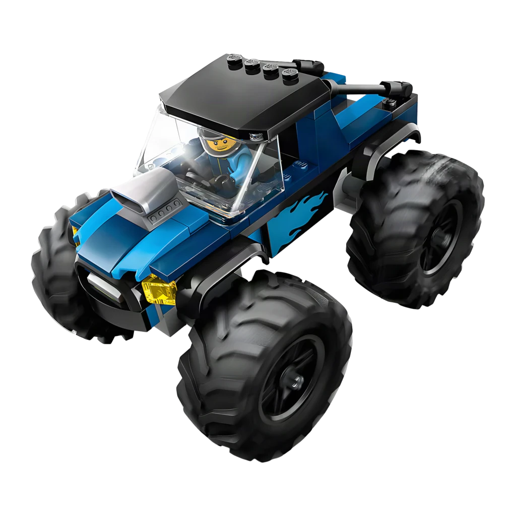 LEGO City 60402 Monster Truck azul, caja frontal: packaging con ilustración del camión azul en pista de tierra con minifigura - Ítem4