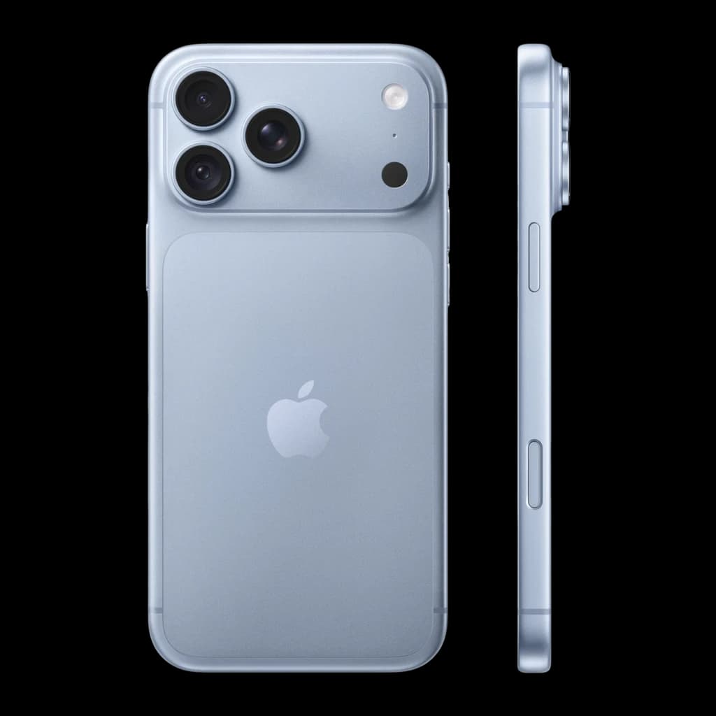 iPhone 18 Pro Max 256 GB Azul Glacial com traseira matte, módulo de três câmeras saliente, aro lateral fino em alumínio e linhas suaves minimalistas